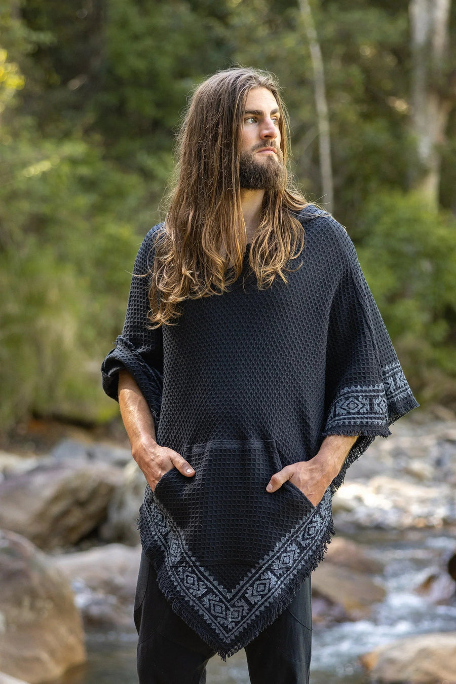 VECHO BLACK MENS HOODED VEGAN PONCHO - Trancentral Shop