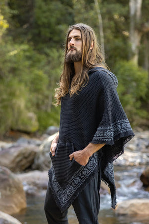 VECHO BLACK MENS HOODED VEGAN PONCHO - Trancentral Shop