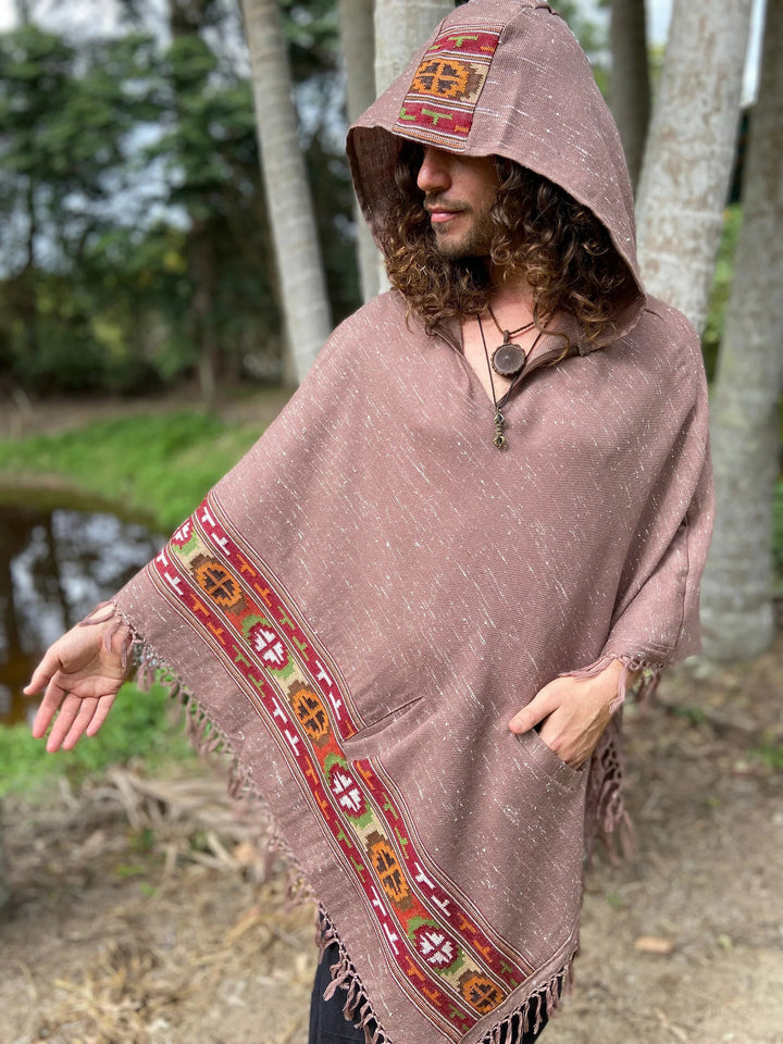 VIRIYA HOODED PONCHO SALOMON PINK HANDWOVEN - Trancentral Shop