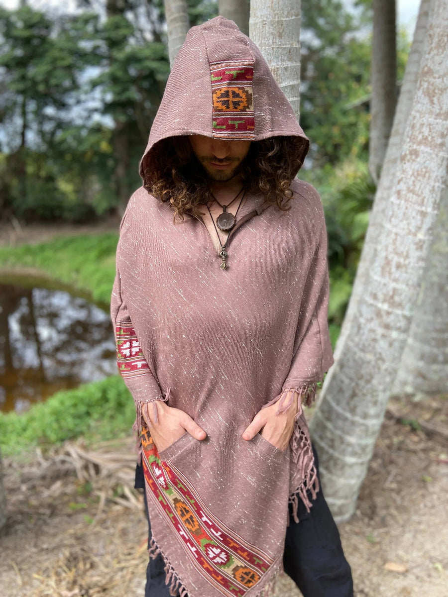 VIRIYA HOODED PONCHO SALOMON PINK HANDWOVEN - Trancentral Shop