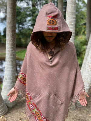 VIRIYA HOODED PONCHO SALOMON PINK HANDWOVEN - Trancentral Shop