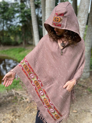 VIRIYA HOODED PONCHO SALOMON PINK HANDWOVEN - Trancentral Shop