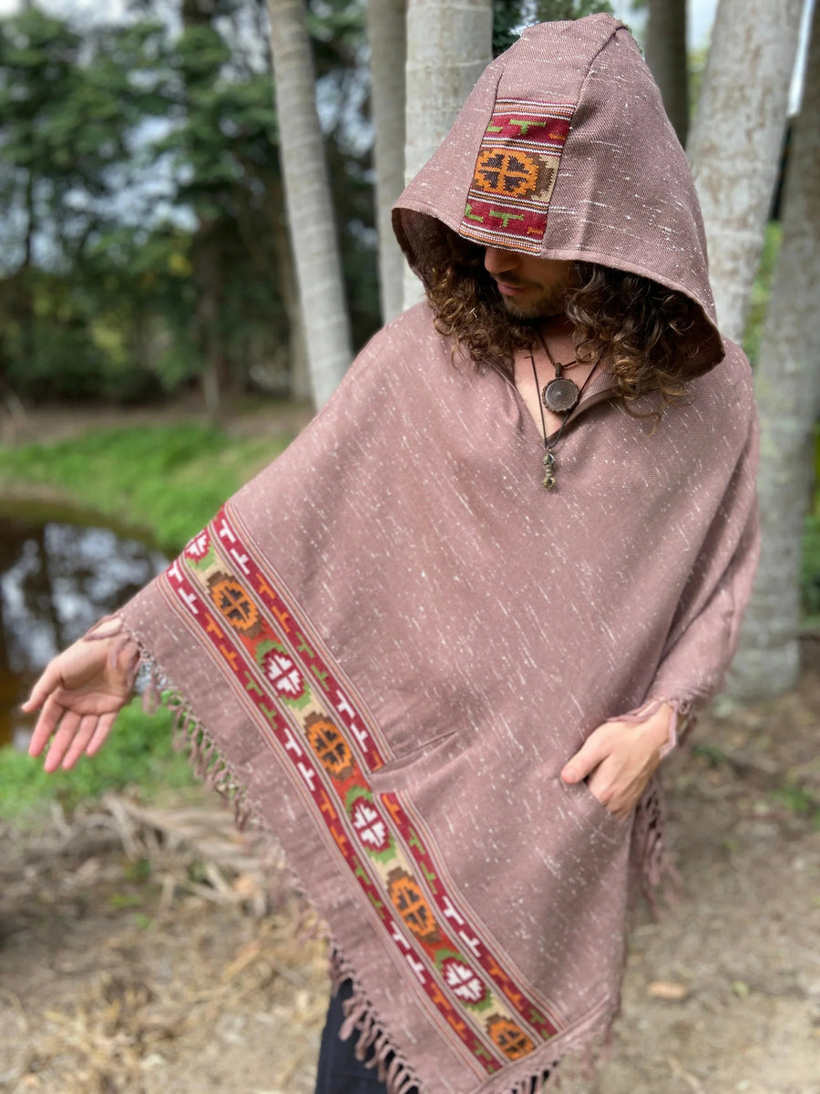 VIRIYA HOODED PONCHO SALOMON PINK HANDWOVEN - Trancentral Shop