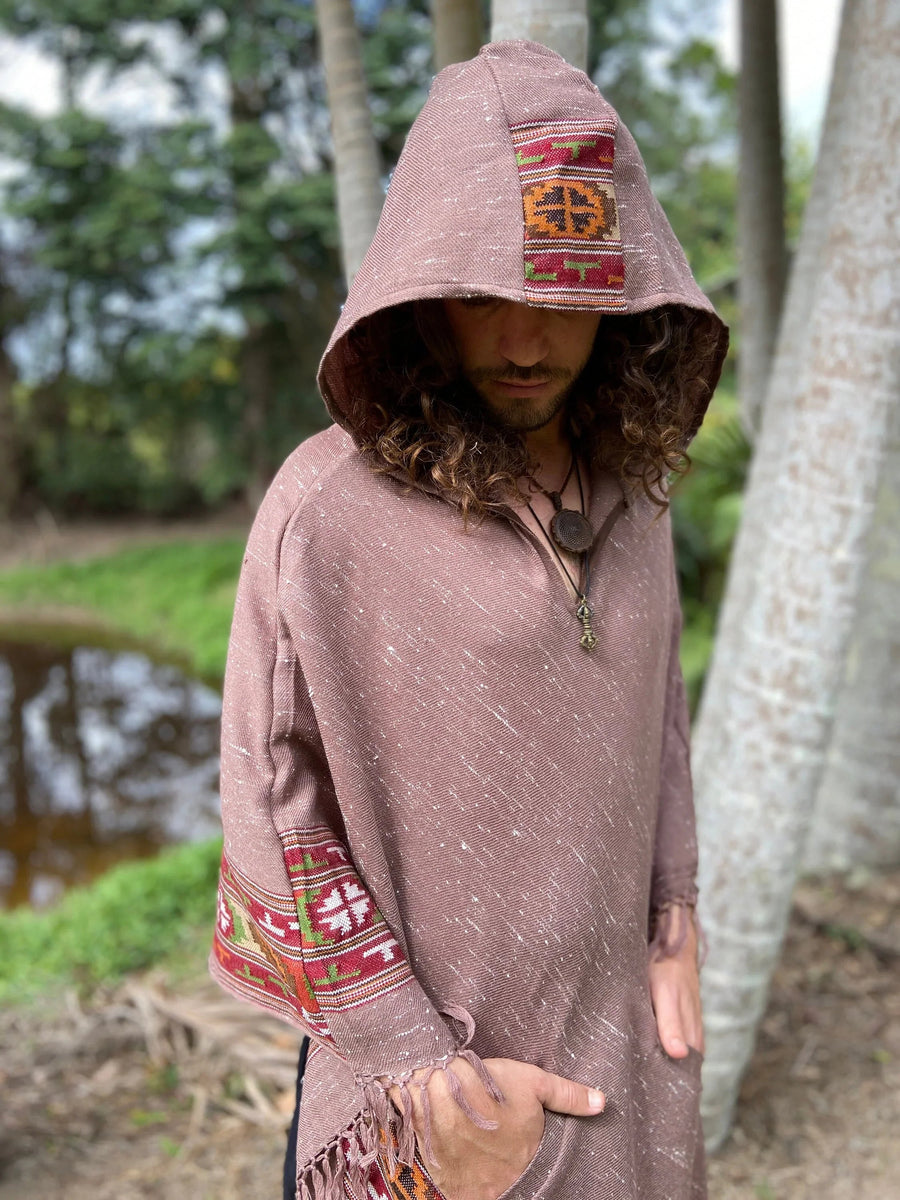 VIRIYA HOODED PONCHO SALOMON PINK HANDWOVEN - Trancentral Shop