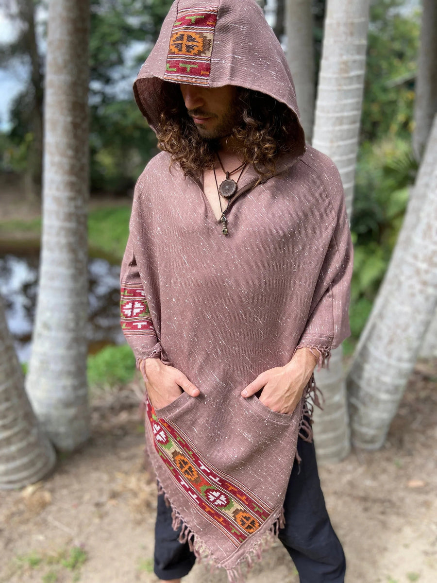 VIRIYA HOODED PONCHO SALOMON PINK HANDWOVEN - Trancentral Shop