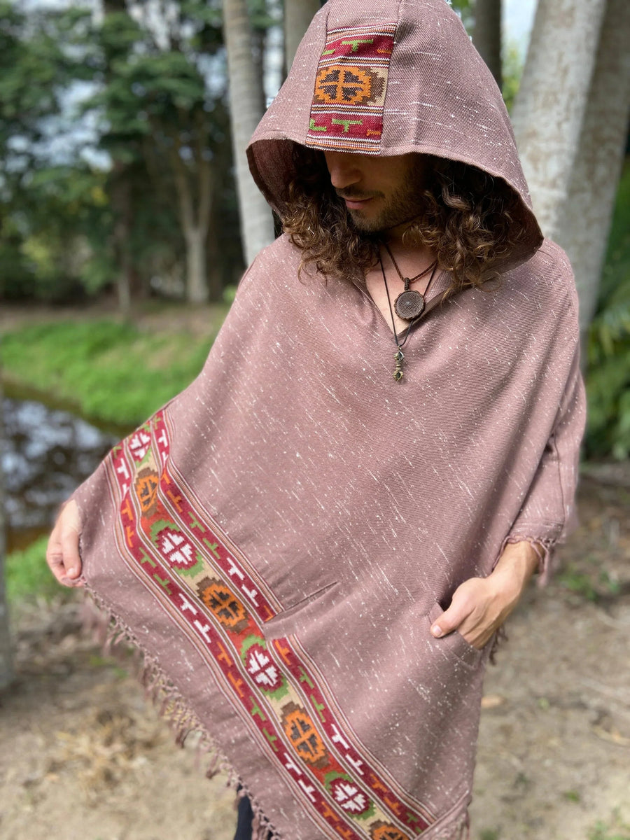 VIRIYA HOODED PONCHO SALOMON PINK HANDWOVEN - Trancentral Shop