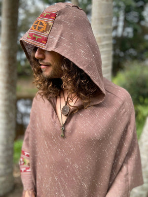 VIRIYA HOODED PONCHO SALOMON PINK HANDWOVEN - Trancentral Shop