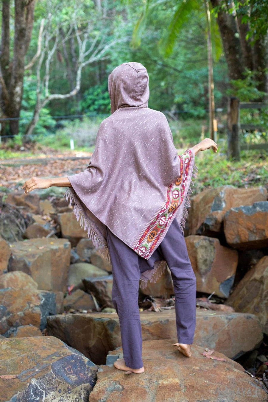 VIRIYA SALMON HOODED PONCHO PINK HANDWOVEN - Trancentral Shop