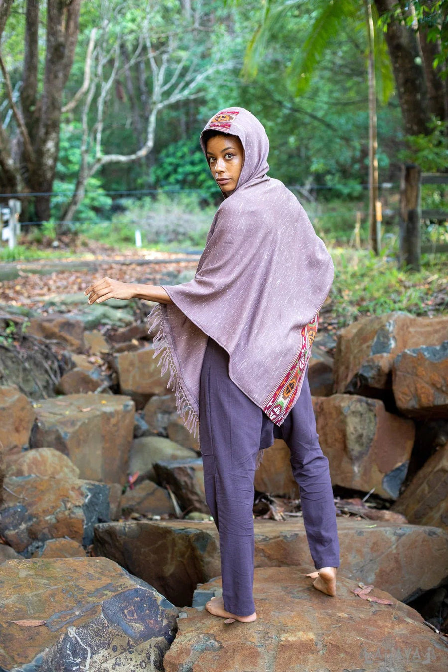 VIRIYA SALMON HOODED PONCHO PINK HANDWOVEN - Trancentral Shop