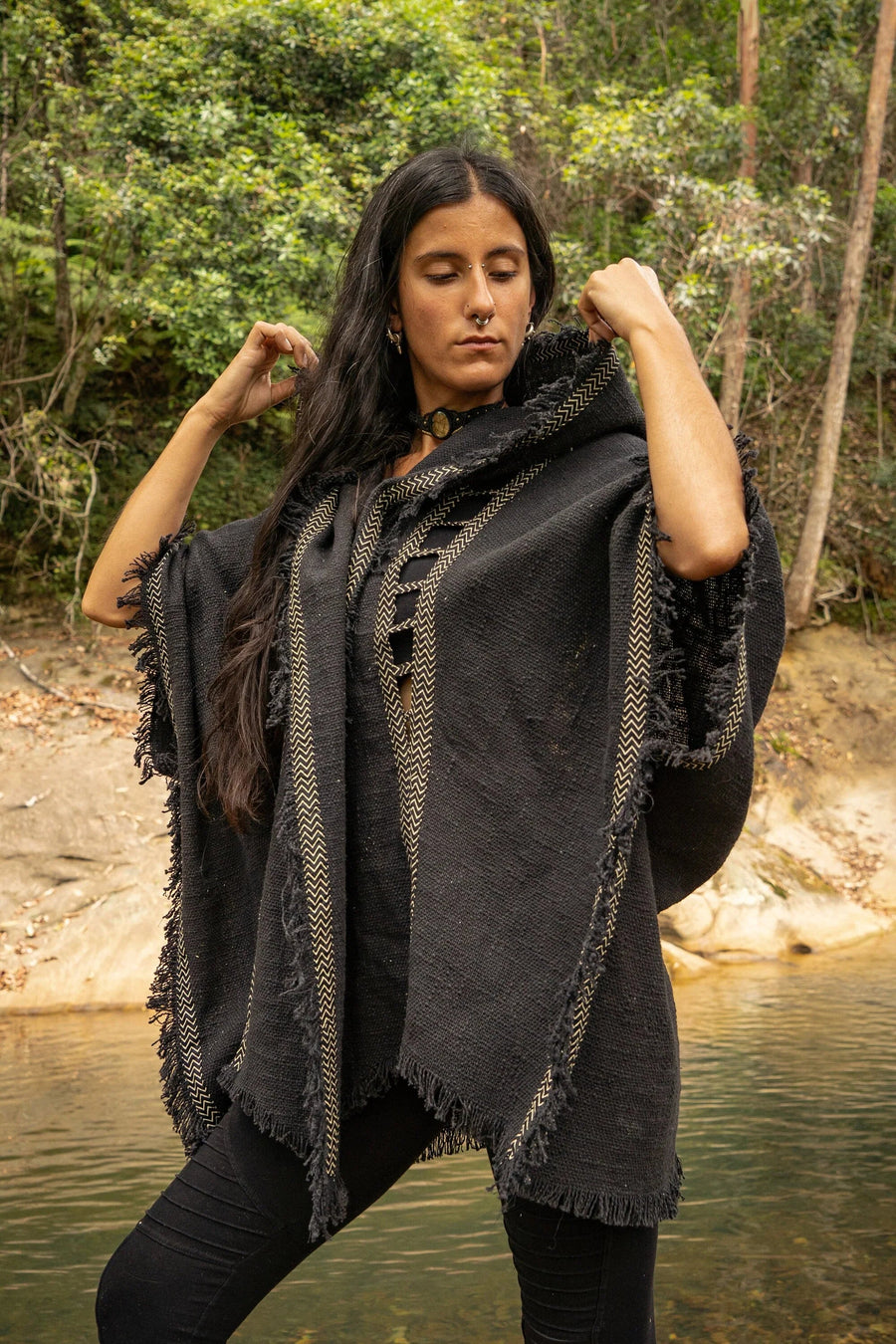 WIZARD WOMENS BLACK HOODED KIMONO VEST - Trancentral Shop