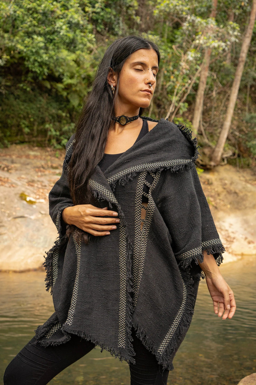 WIZARD WOMENS BLACK HOODED KIMONO VEST - Trancentral Shop