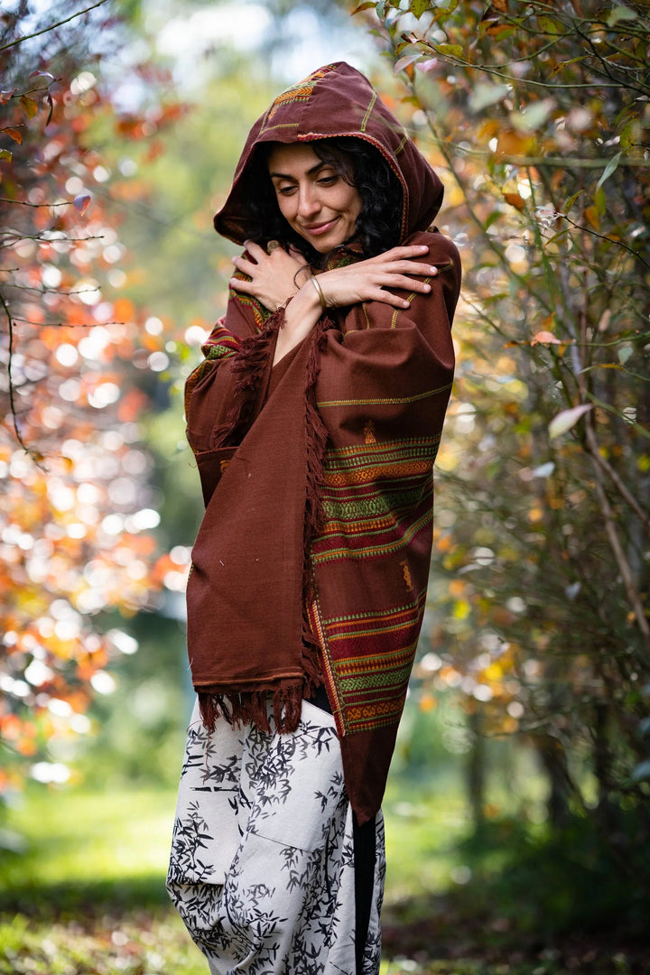 WOMENS HOODED PONCHO BROWN CASHMERE WOOL - Trancentral Shop