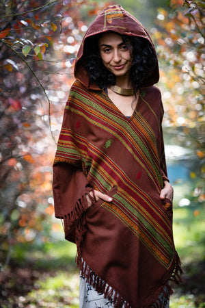 WOMENS HOODED PONCHO BROWN CASHMERE WOOL - Trancentral Shop
