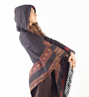 WOMENS PONCHO BLACK LARGE HOOD YAK - Trancentral Shop