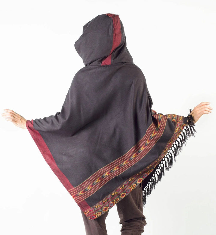 WOMENS PONCHO BLACK LARGE HOOD YAK - Trancentral Shop