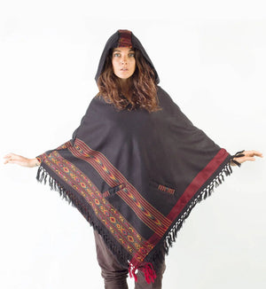 WOMENS PONCHO BLACK LARGE HOOD YAK - Trancentral Shop