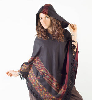 WOMENS PONCHO BLACK LARGE HOOD YAK - Trancentral Shop