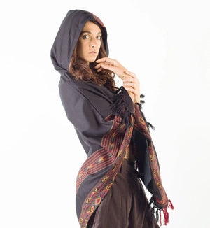 WOMENS PONCHO BLACK LARGE HOOD YAK - Trancentral Shop