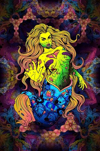 ZombPsy the Psychedelic Zombie Mermaid Fluorescent UV-Reactive Backdrop Trippy Tapestry - Trancentral Shop
